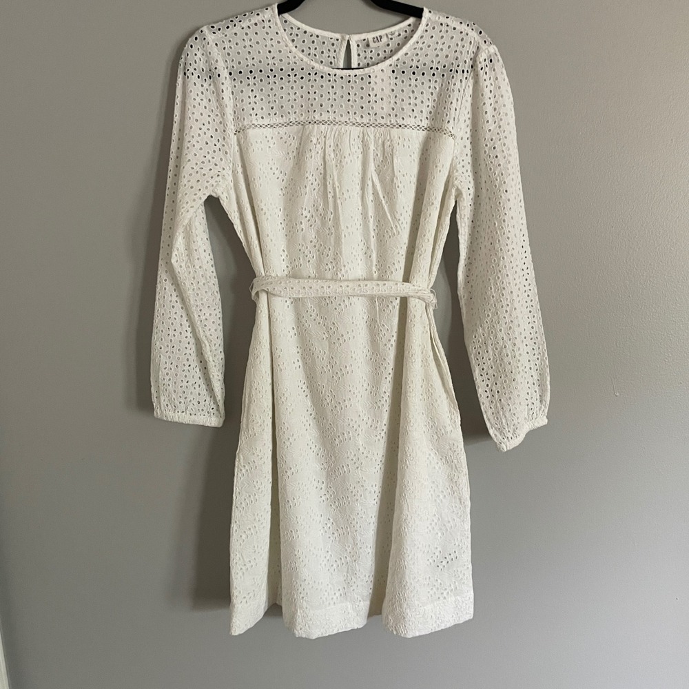 Gap Eyelet Mini Dress Womens S White Belted Long Sleeve Boho Cottagecore